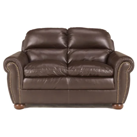 Transitional Loveseat with Rolled Arms & Nailhead Trim