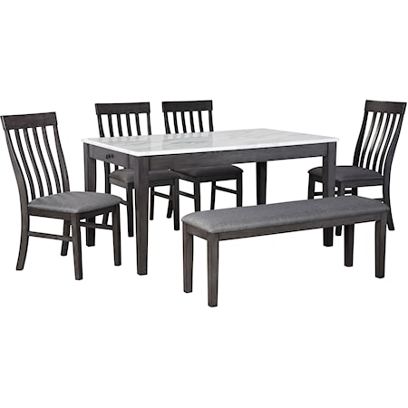 6-Piece Dining Set with Bench and Faux Marble Top Dining Table