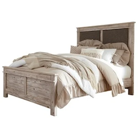 Queen Upholstered Panel Bed in Weathered Beige Finish