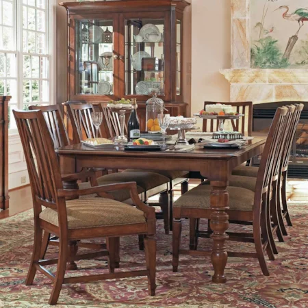 Nine Piece Rectangular Four Leg Table and Open Slat Back Dining Chair Set
