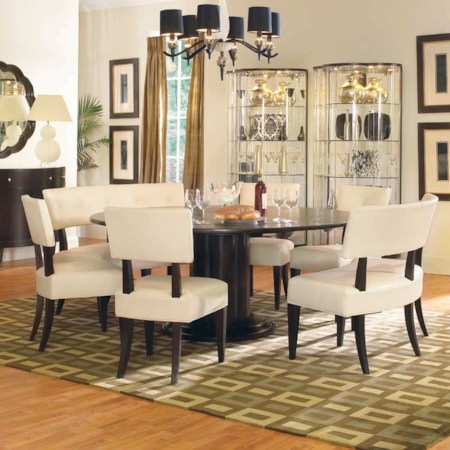 Seven Piece Round Single Pedestal Table and Upholstered Dining Side Chair Set