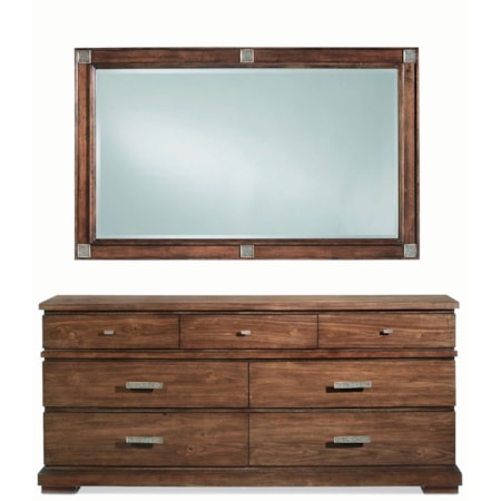 Rustic Seven Drawer Dresser and Landscape Mirror