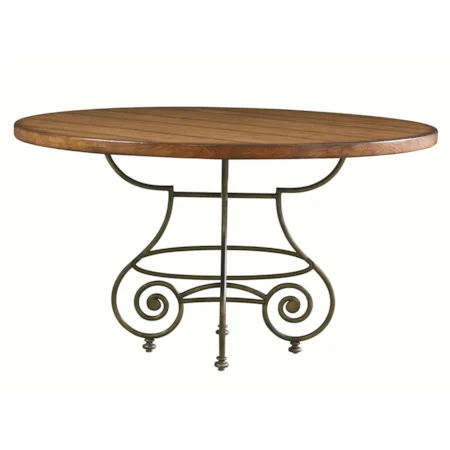 Scrolled Metal Base Round Wood Top Dining Table