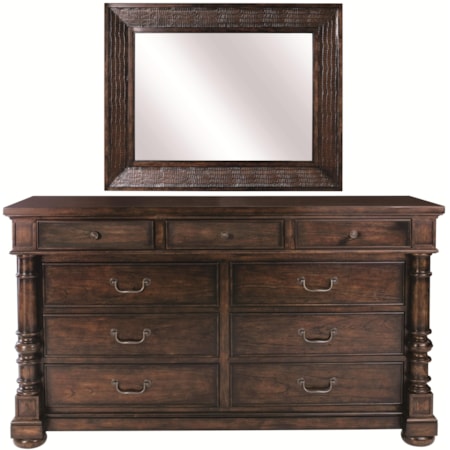 9-Drawer Dresser with Drop-Front Center Media Drawer & Mock-Croc Embossed Leather Framed Mirror Combination