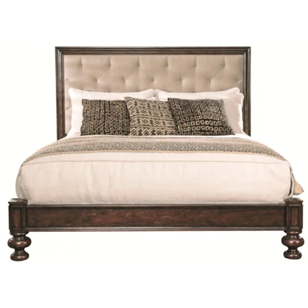 <b>Customizable</b> Queen Panel Bed with Turned Feet & Fabric Upholstered Headboard