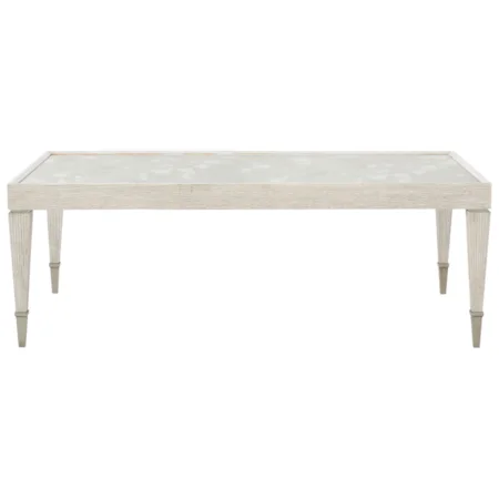 Transitional Cocktail Table with Pull-Out Shelving and Mirrored Glass Top