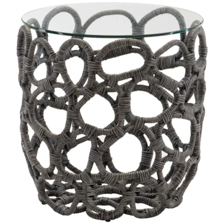 Round Chairside Table with Rattan Base and Glass Top
