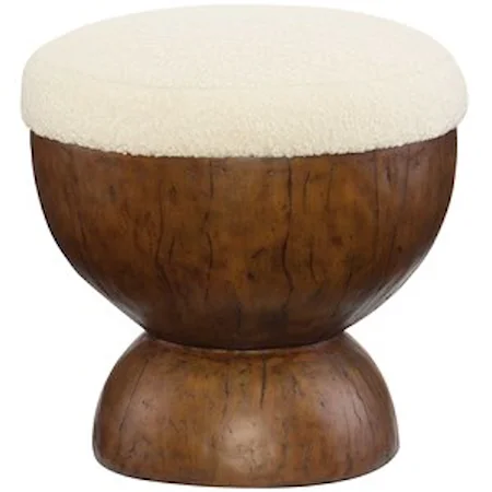 Round Accent Ottoman with Brown Finish Wood Grain Look Resin Base