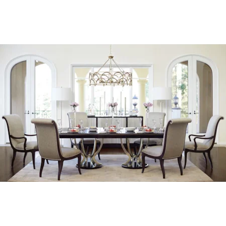 7 Piece Dining Set with Double Pedestal Table and Upholstered Chairs