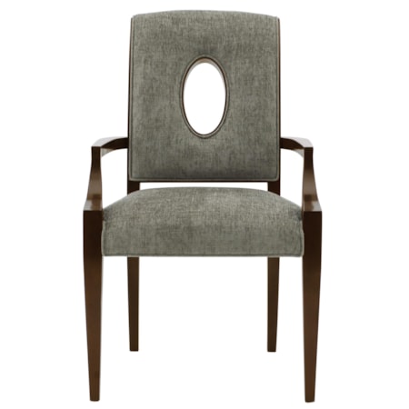 Upholstered Dining Arm Chair with Open Wood-Framed Oval Shape in Chair Back