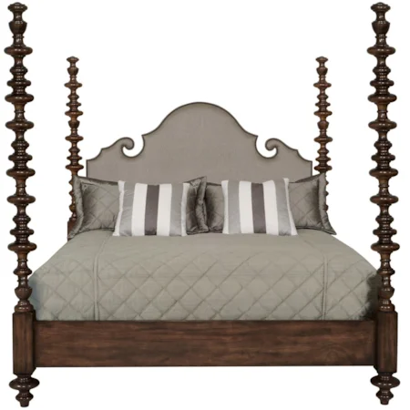 King Upholstered Poster Bed with Turned Posts