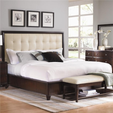 California King-Size Contemporary Platform Bed with Cream Leather Tufted Headboard