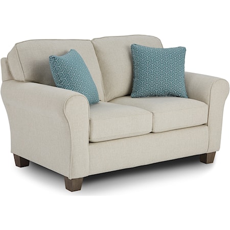 Customizable Transitional Loveseat with Rolled arms and Tapered Block Legs