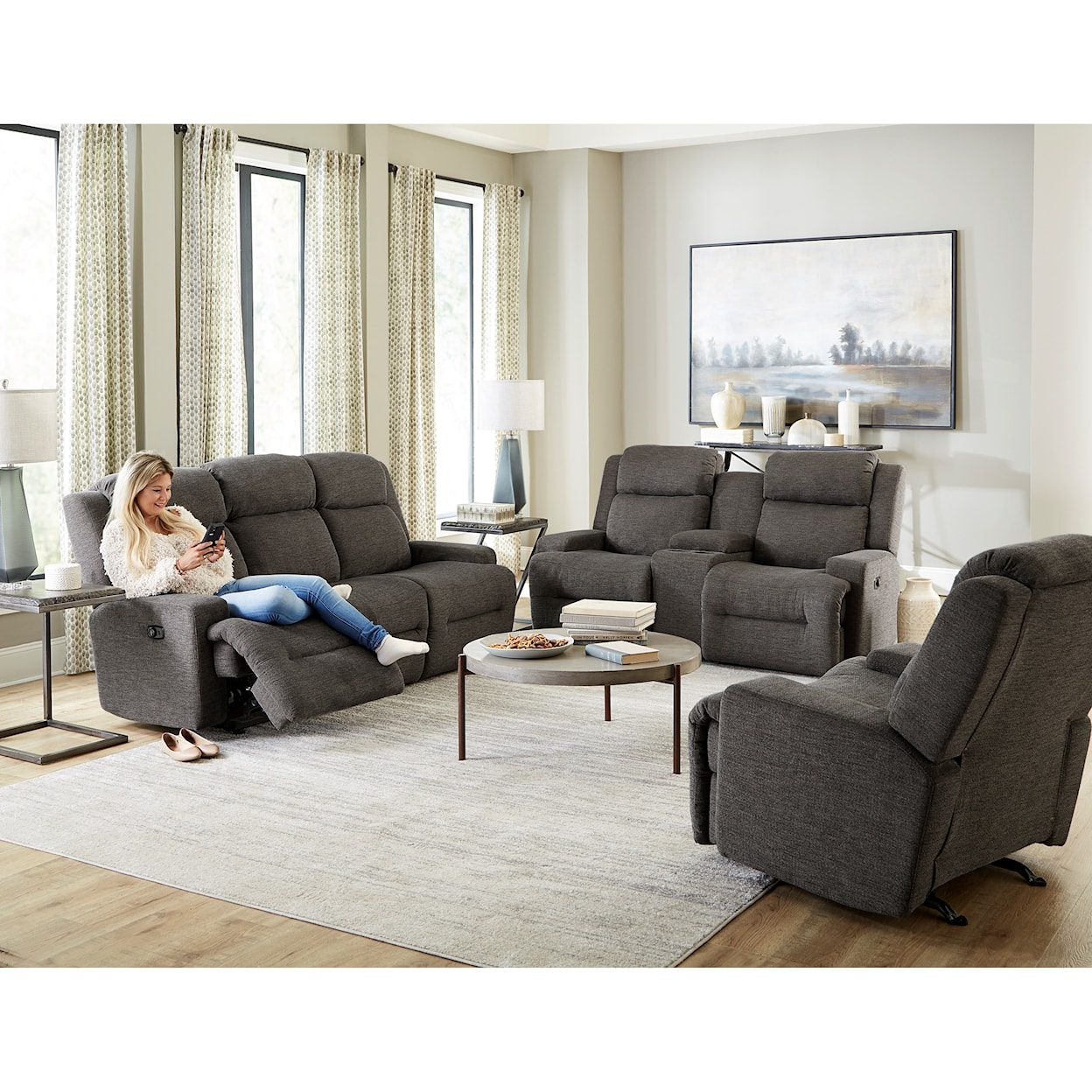 Best Home Furnishings O'Neil Space Saver Reclining Sofa w/ Drop Down Tray