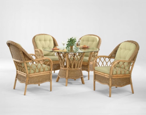 Tropical Five Piece Rattan Dining Set with Beveled Glass Table