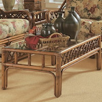 Coastal Cocktail Table with Rattan Latticework and Glass Top