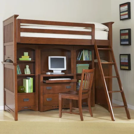 Loft Bed with Lower Bookcase and Entertainment Chest Wall Unit