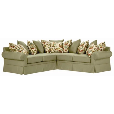Sectional Sofa with Pleated Arm, Multi Pillow Back & Skirted Base