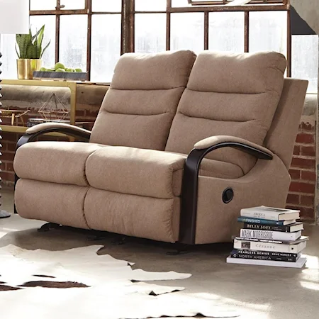Power Reclining Gliding Loveseat with Curved Wood Arms & USB Chargers