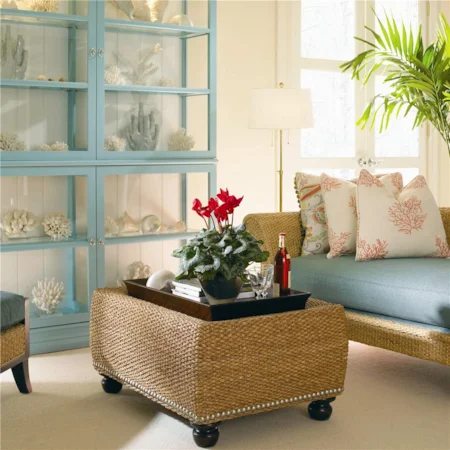 Woven Water Hyacinth Cocktail Table with Teak Tray