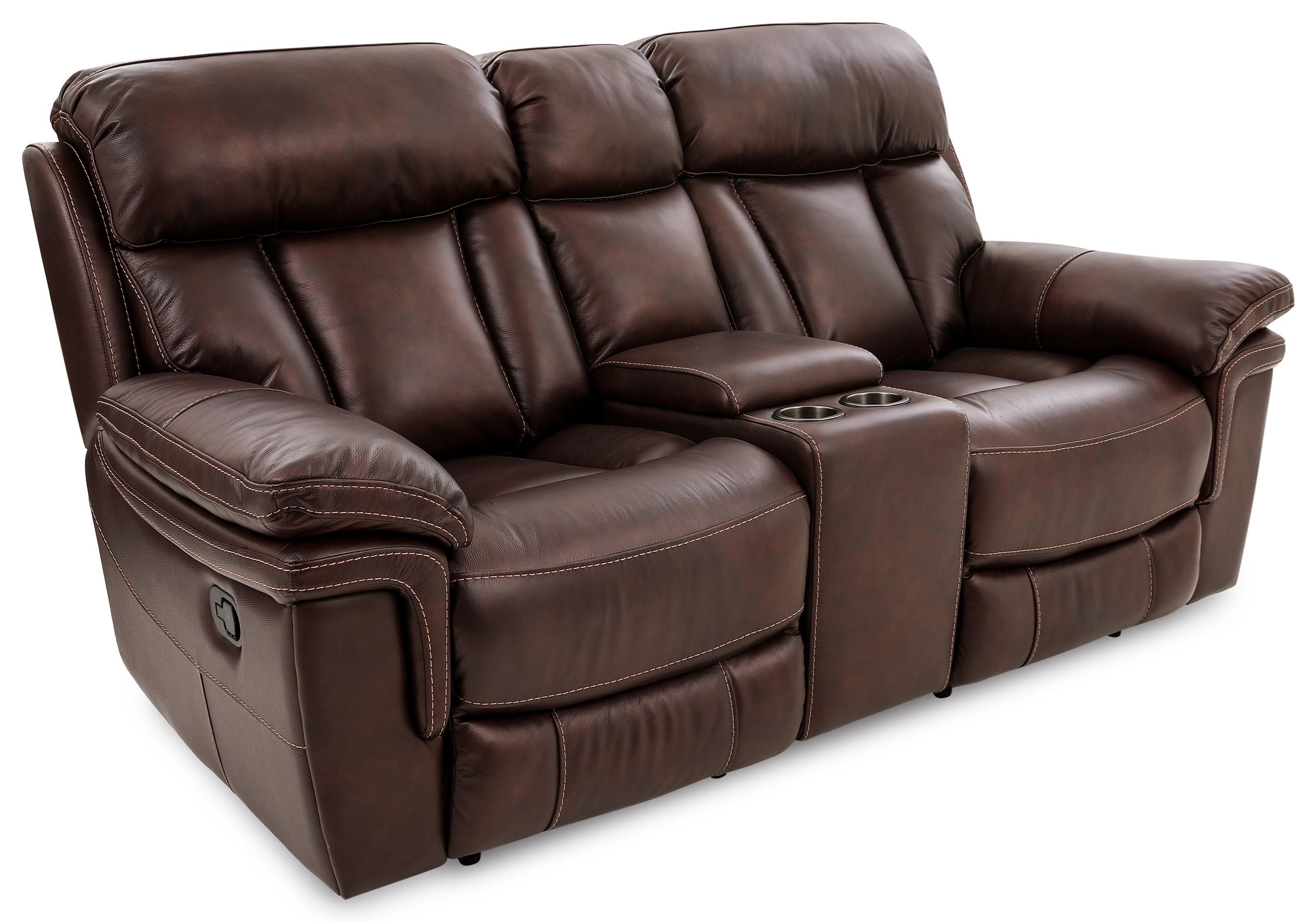 Leather reclining sofa with console outlet