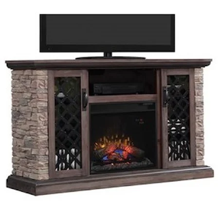 Stone Media Mantel Electric Fireplace with Sliding Doors