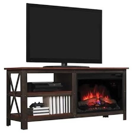 55" Industrial Media Mantle With Open Side Shelves and 26" Fireplace Insert