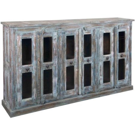 Weathered Multicolor Credenza with Six Wood-Framed Glass Doors & Three Shelves