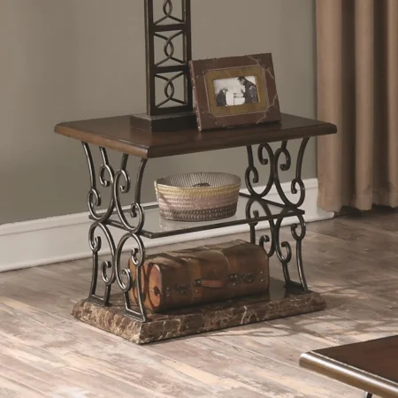 Traditional end Table with Ornate Metal Scrollwork Base