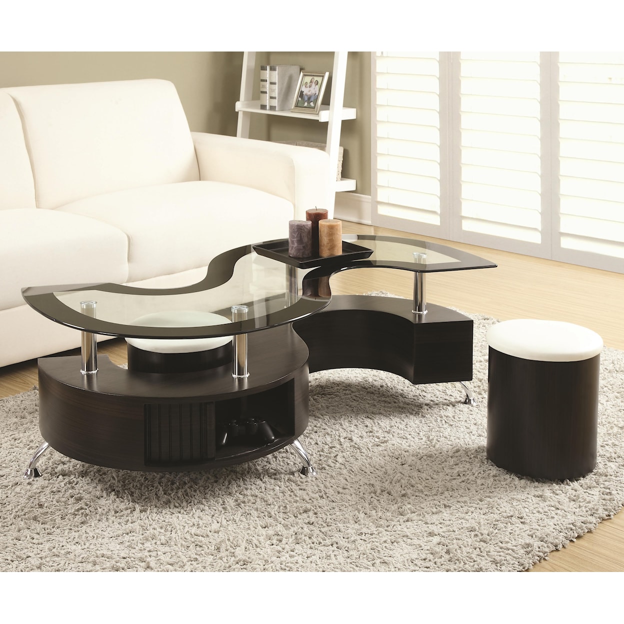 Coaster White S Shaped Coffee Table w/ 2 Stools Coffee Table and Stools