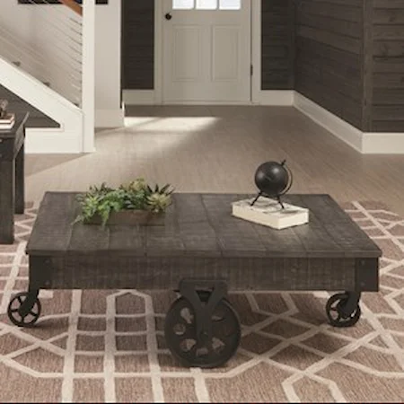 Rustic Coffee Table With Metal Accent Wheels