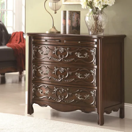 Traditional Accent Cabinet with Detailed Carvings and Pull-Out Trays