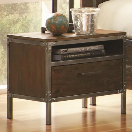 Industrial Night Stand with Pewter-Coated Metal Accents