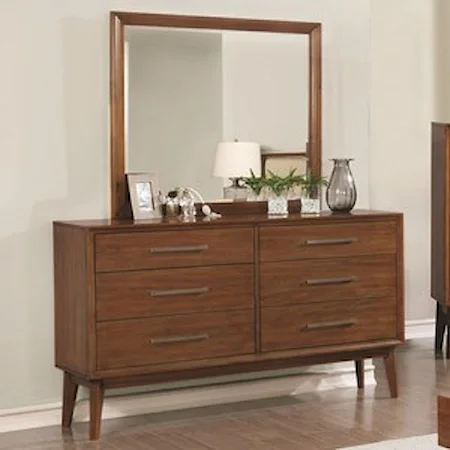 Mid-Century Modern 6 Drawer Dresser and Mirror Combo