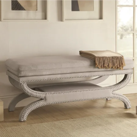 Fully Upholstered Light Grey Bench with Nailhead Trim