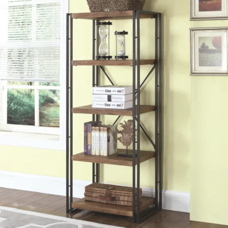 Narrow Industrial Metal and Wood Bookcase