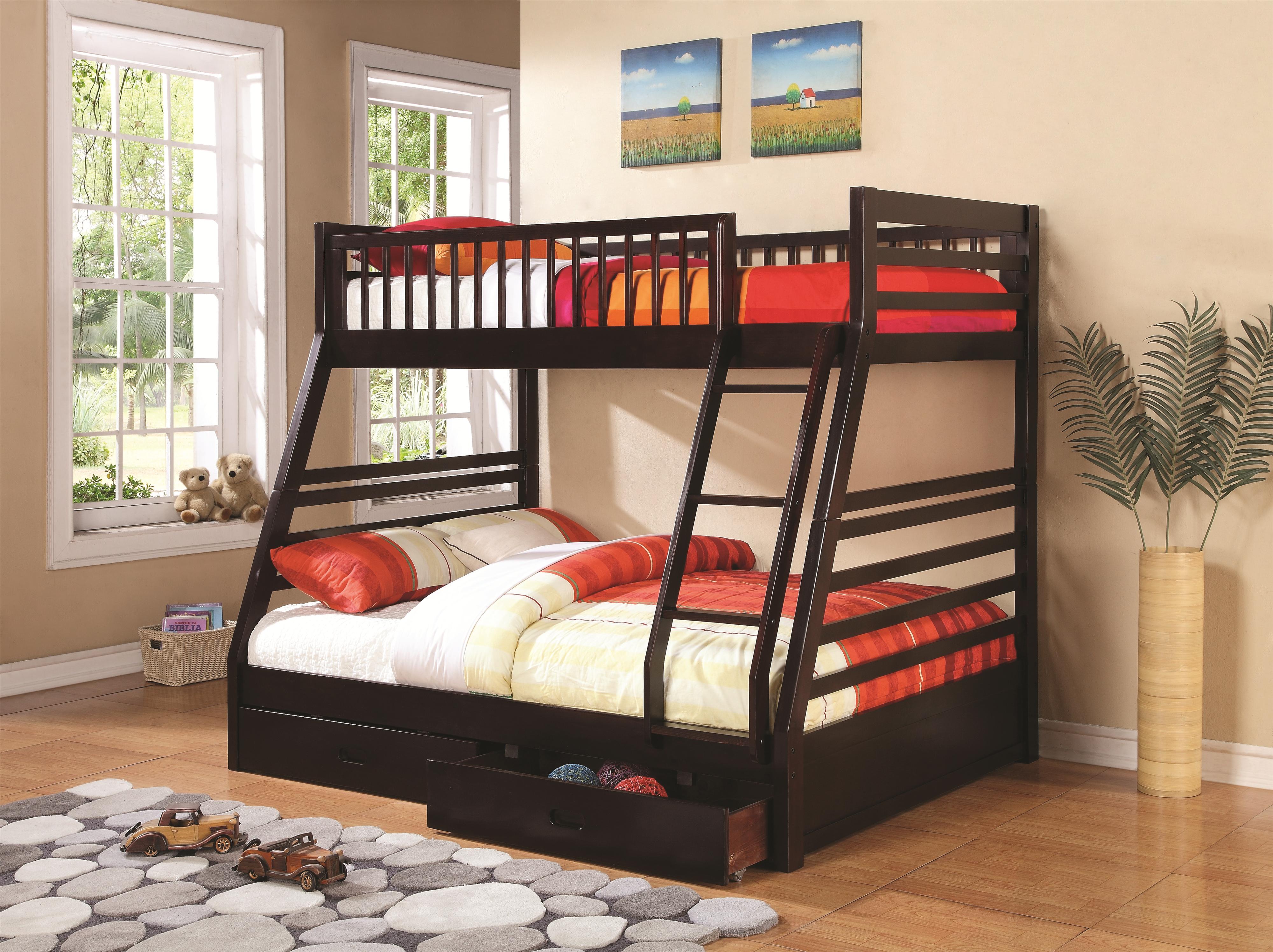 Coaster Bunks 460184 Twin over Full Bunk Bed with 2 Drawers and Attached Ladder A1 Furniture Mattress Bunk Beds