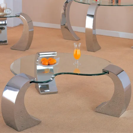 Contemporary Cocktail Table with Metal Base and Kidney Glass Top