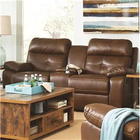 Casual Faux Leather Reclining Loveseat with Button Tuft Detailing and Cupholder Storage Console