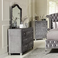Upholstered Dresser and Mirror Set with Faceted Buttons