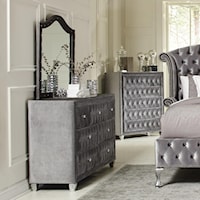 Upholstered Dresser Mirror with Arched Frame and Nailhead Trim