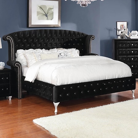 Upholstered Queen Bed with Nailhead Trim and Button Tufting