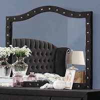 Upholstered Dresser Mirror with Arched Frame and Nailhead Trim