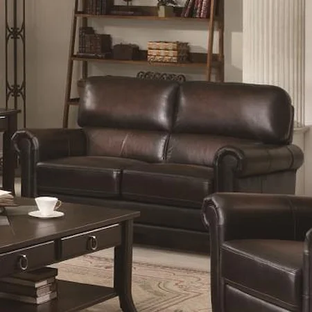 Contemporary Stationary Leather Love Seat with Plush Rolled Arms And Plush Box Seat Cushion