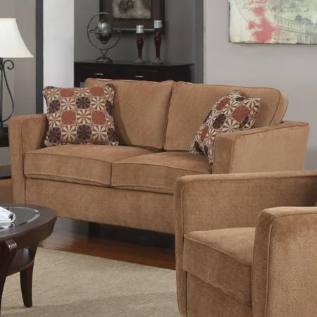 Contemporary Loveseat with Slim Track Arms and Accent Pillows