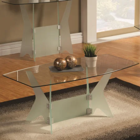 Coffee Table with Glass Top and Light Green Frosted Glass Base