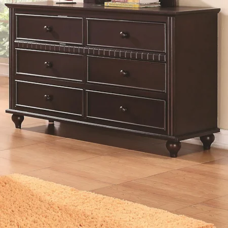 6 Drawer Dresser with Turned Feet and Large Dentil Moulding
