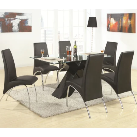 Contemporary Seven Piece Dining Set with Rectangular Glass Top X Table