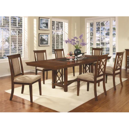 7 Piece Transitional Style Table and Chair Set with Inset Glass Top