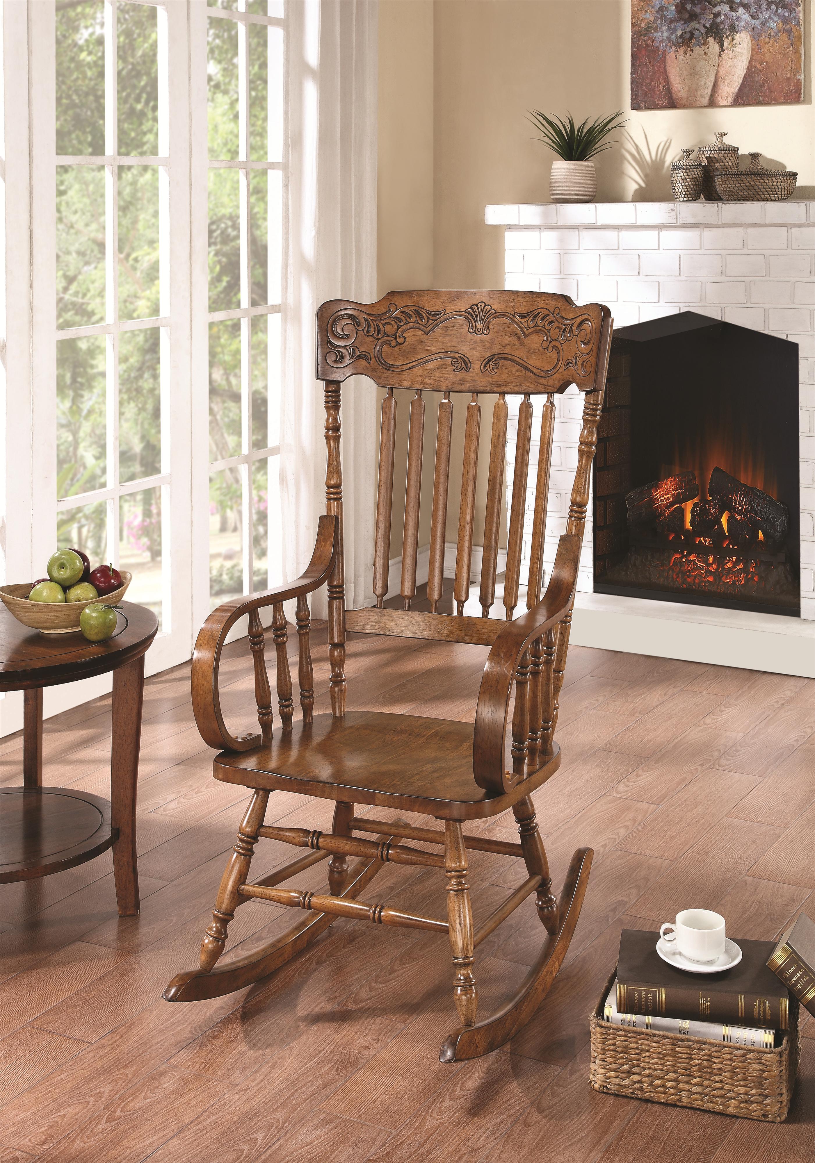 Coaster Rockers 600175 Wood Rocking Chair with Ornamental Headrest and Oak Finish Arwood s Furniture Wood Rockers